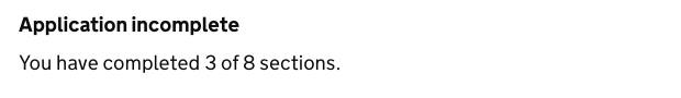 A screenshot showing a task list summary that says 'Application incomplete. You have completed 3 of 8 sections'